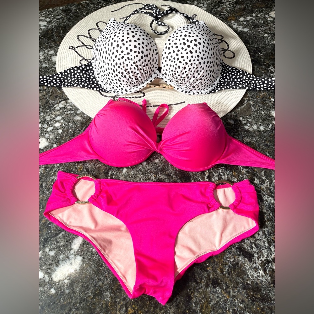 Lot of two VS bikini bombshell poke dot and push-up hot pink 34D and M bottoms
